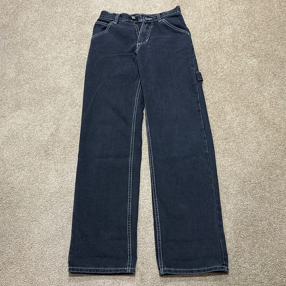 Brandy Melville J Galt Black Denim Painter Pants White Stitching EUC Small